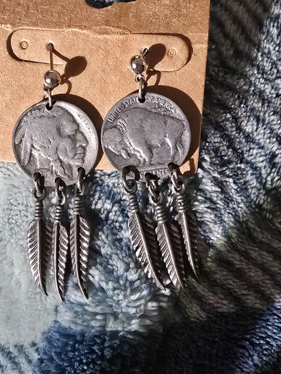 Jewelry - Silver Buffalo Nickel Feather Dangle Earrings - Unbranded